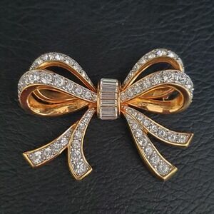 Vintage SWAROVSKI Double Bow Brooch Pin‎ Figural Signed Crystal Goldtone LARGE